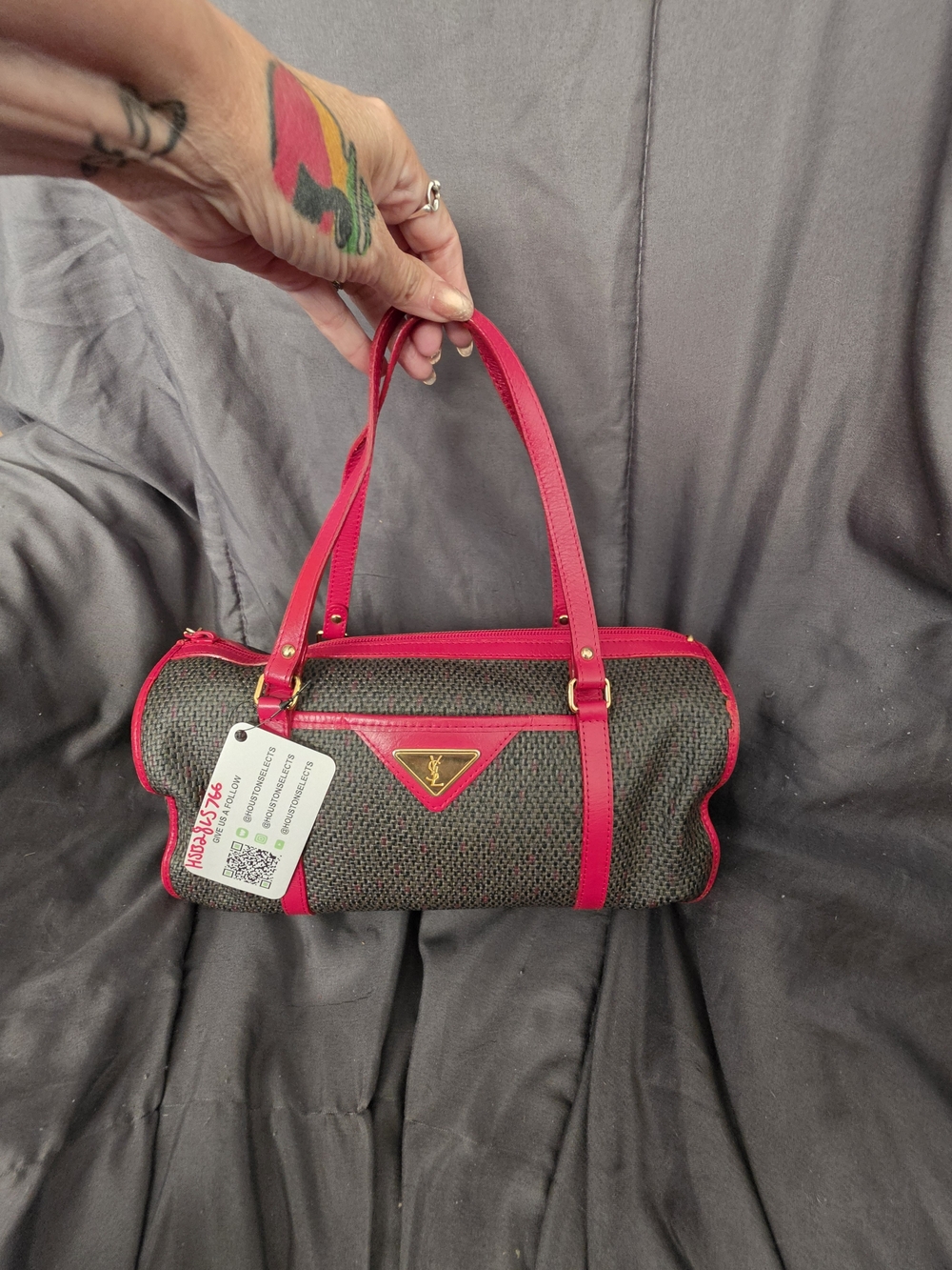 Yves Saint Laurent Brown Woven Cylinder Bag with Red Leather Trim